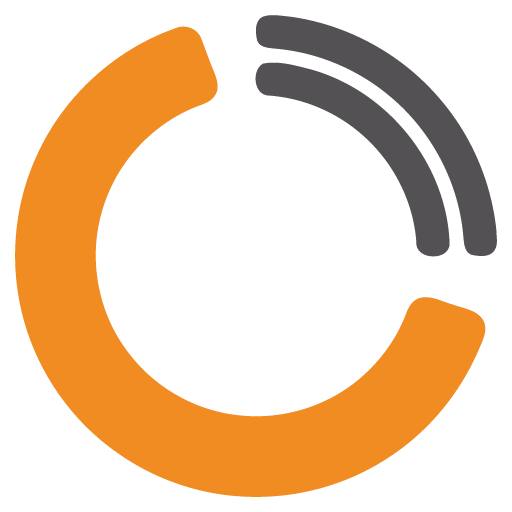 Abstract circular logo formed by orange and grey curved lines.