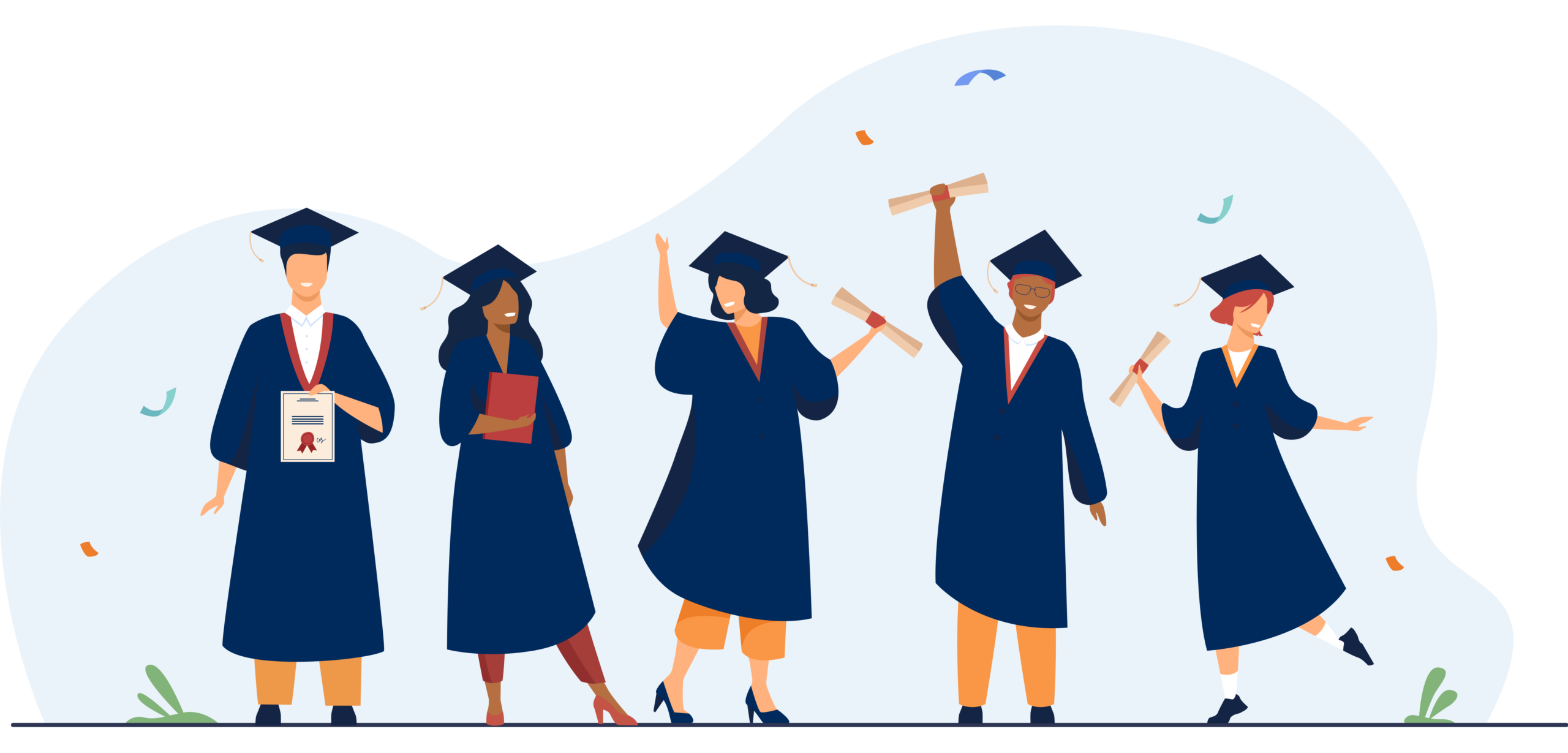 Diverse group of graduates in blue caps and gowns holding diplomas while celebrating.