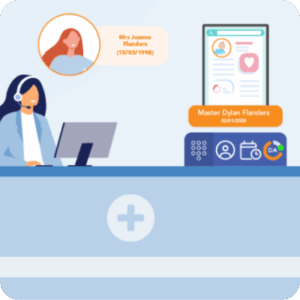 Healthcare worker at a computer alongside a mobile phone UI interface.