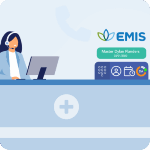 Customer support agent with EMIS branding overlay.
