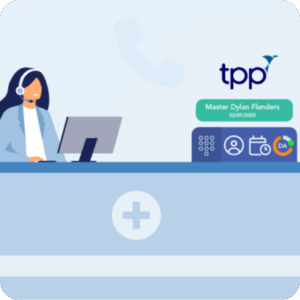 Customer support agent with TPP SystmOne branding overlay.