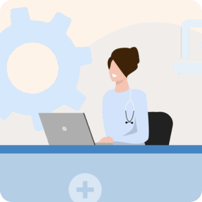 Healthcare worker using a laptop next to a large gear settings icon.