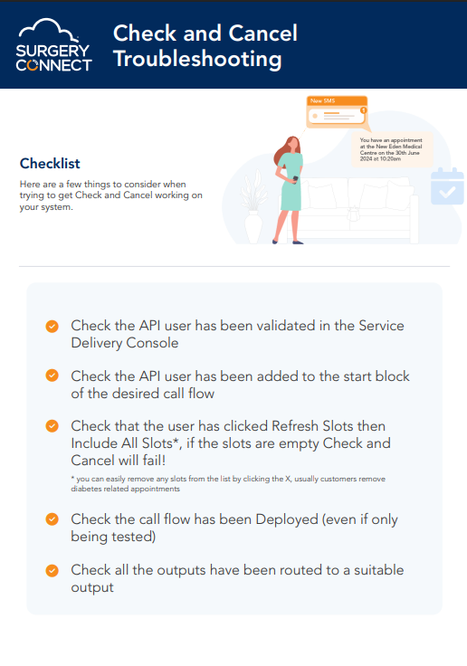 Document preview of the Check and Cancel Troubleshooting guide, featuring an illustrative character graphic near the top header.