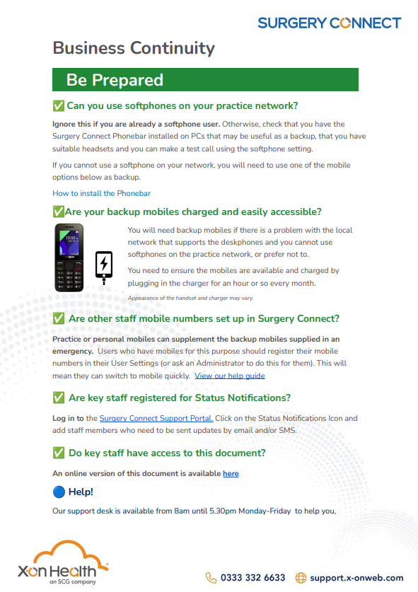 Document preview of the Surgery Connect Business Continuity Guide, showing organized text blocks and system implementation steps.
