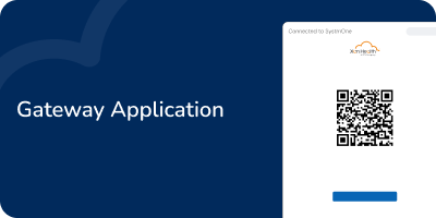 Gateway Application graphic featuring a QR code, X-on Health logo, and "Connected to SystmOne" text.