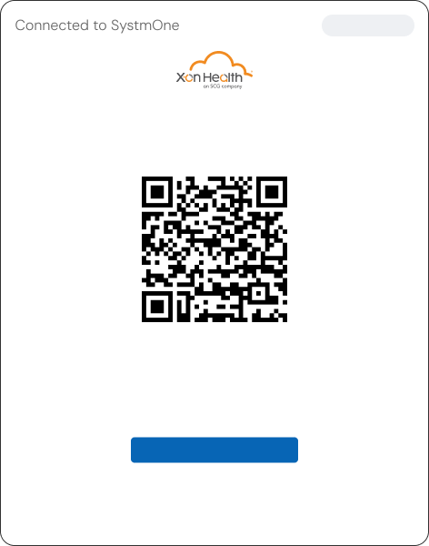QR code interface featuring X-on Health logo and "Connected to SystmOne" text.