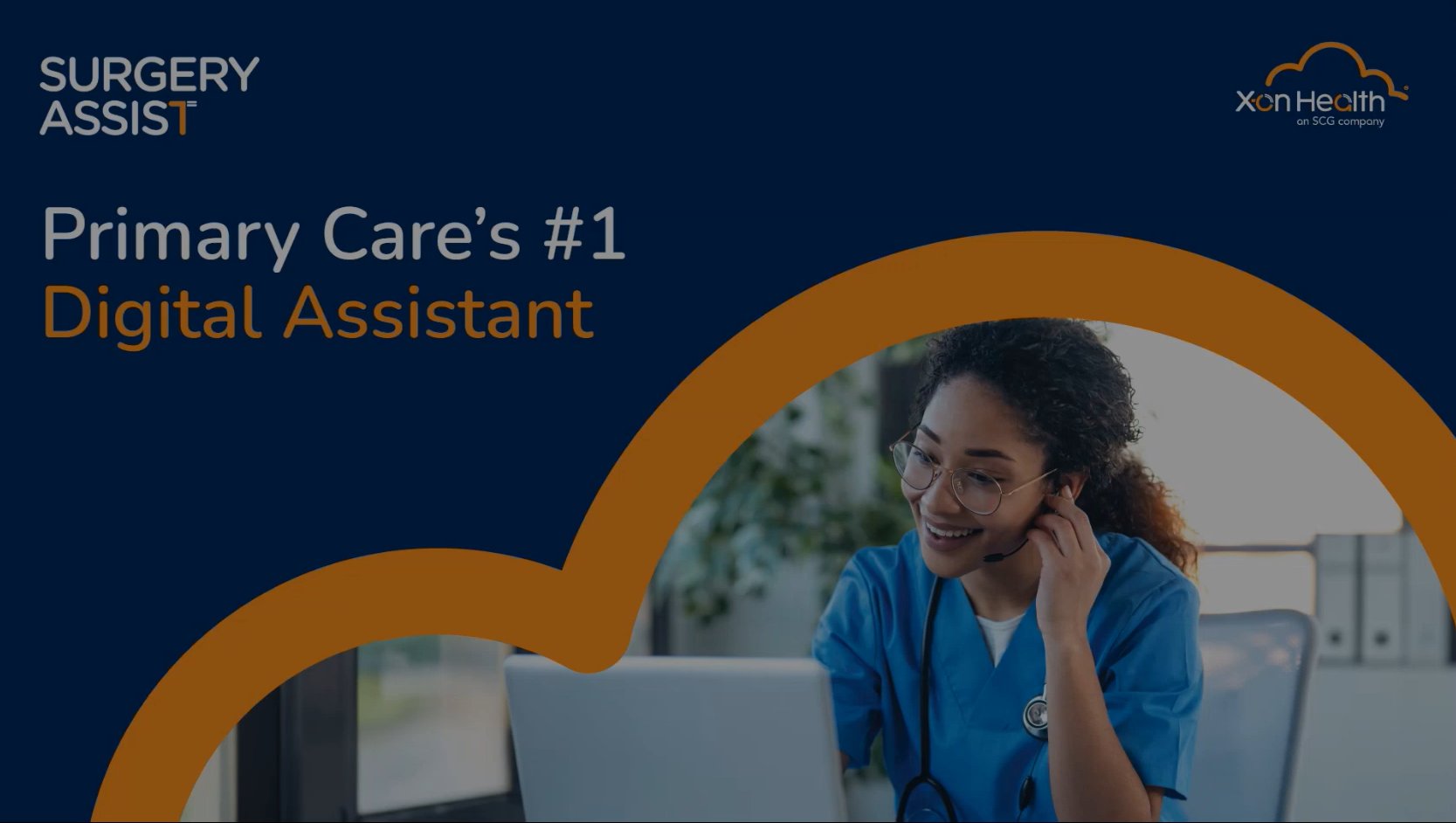 Healthcare professional smiling, wearing scrubs and a headset while looking at a laptop.