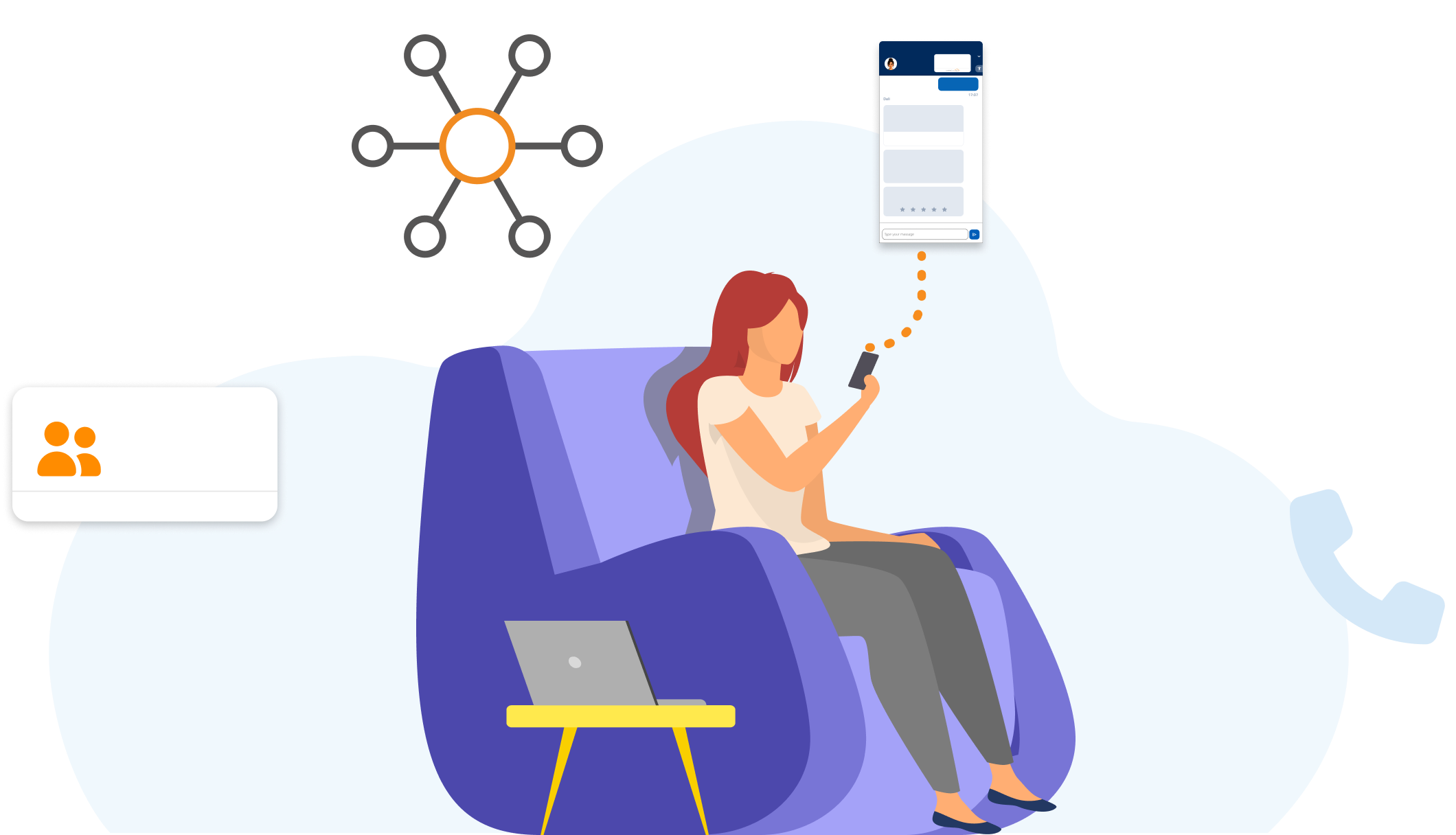 Flat vector illustration of a woman on a armchair using a smartphone chat application.