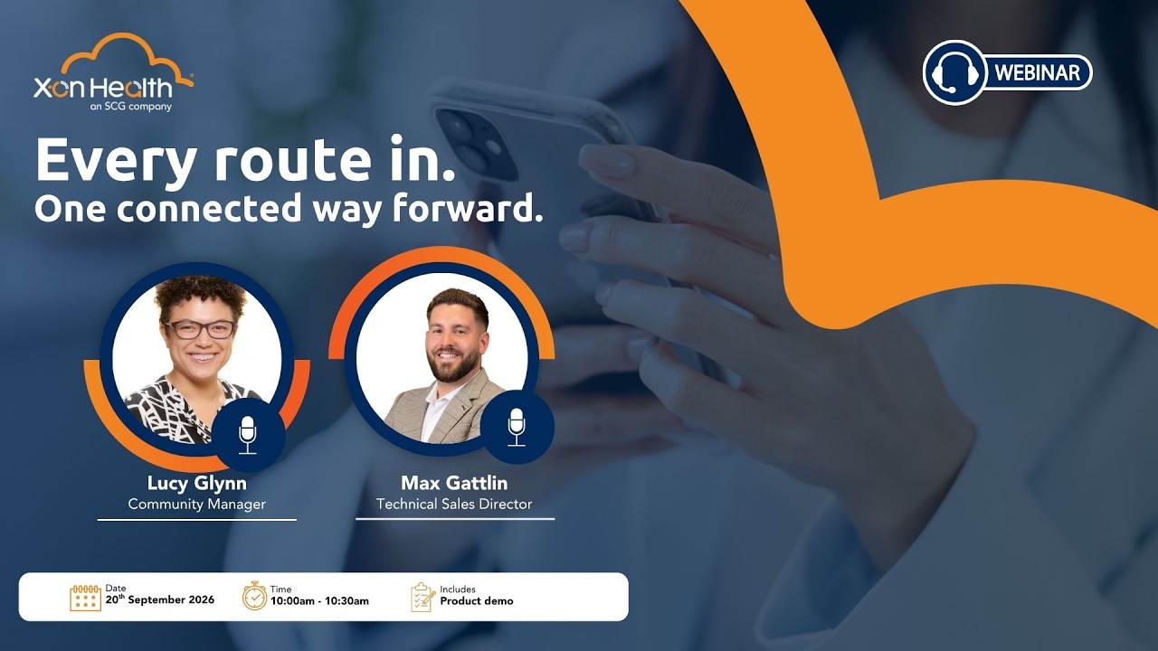 Webinar promotional graphic for Xon Health featuring speakers Lucy Glynn and Max Gattlin.