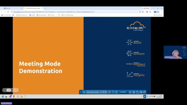 Presentation slide titled 'Meeting Mode Demonstration' with X-on Health branding and presenter Cindy Roberts.
