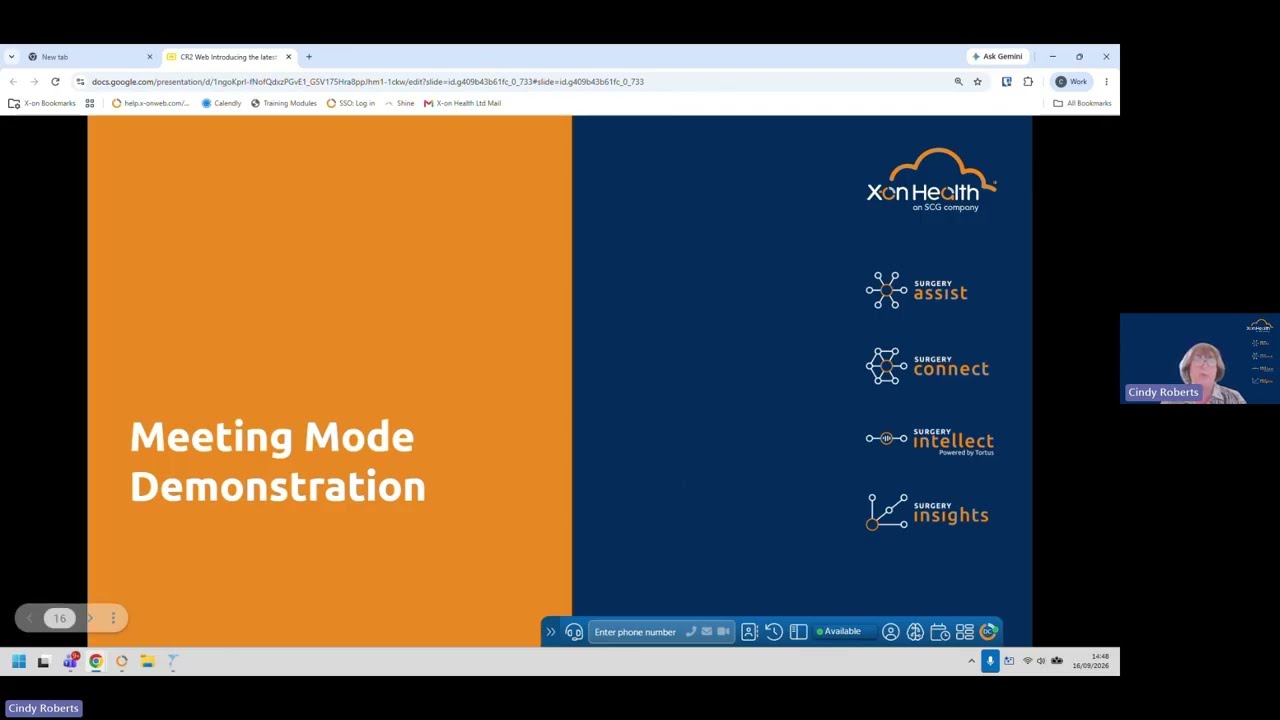Presentation slide titled 'Meeting Mode Demonstration' with X-on Health branding and presenter Cindy Roberts.
